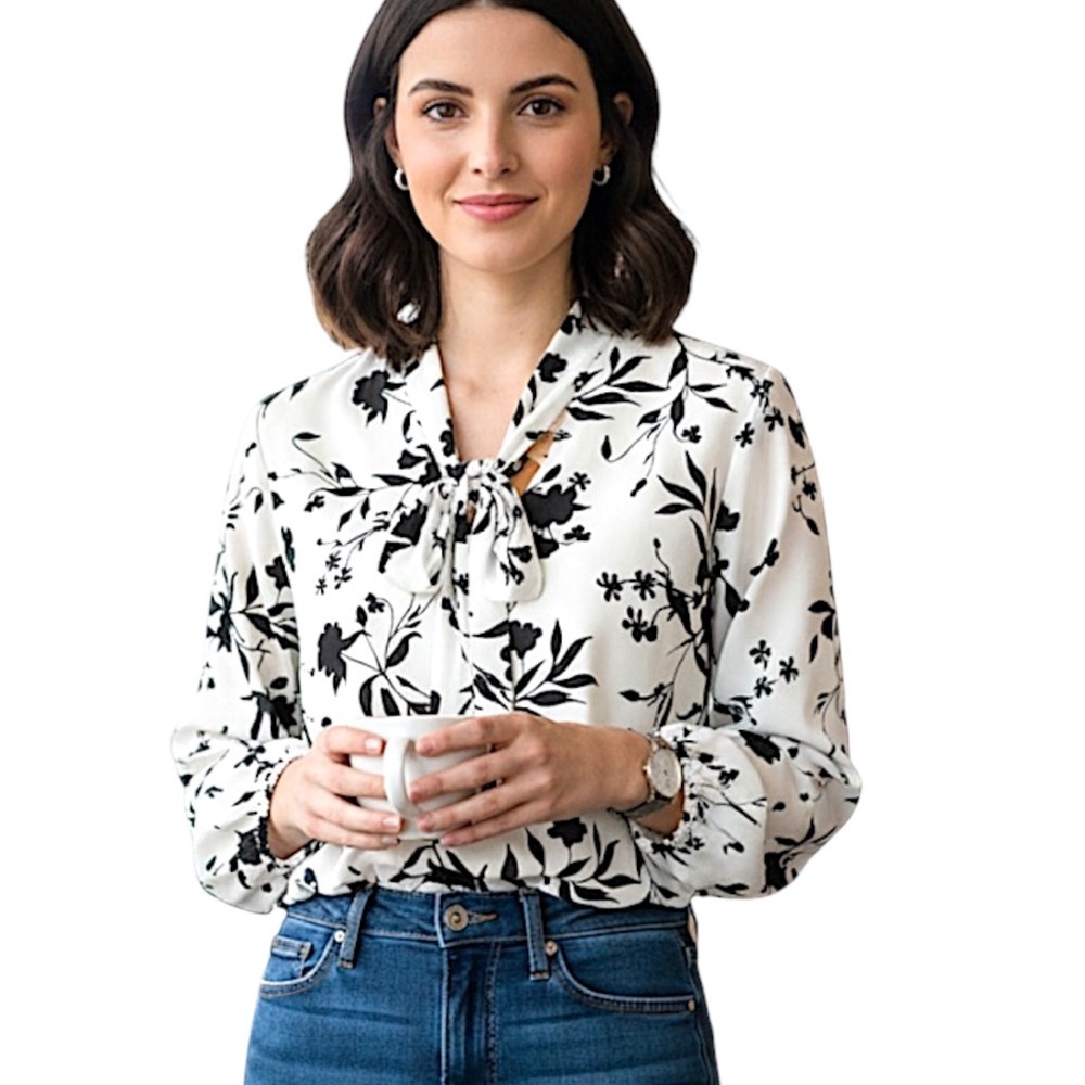 AUW Tie Front Blouse Long Sleeve Bold Floral Black White Women's Top Size XL - Picture 16 of 16